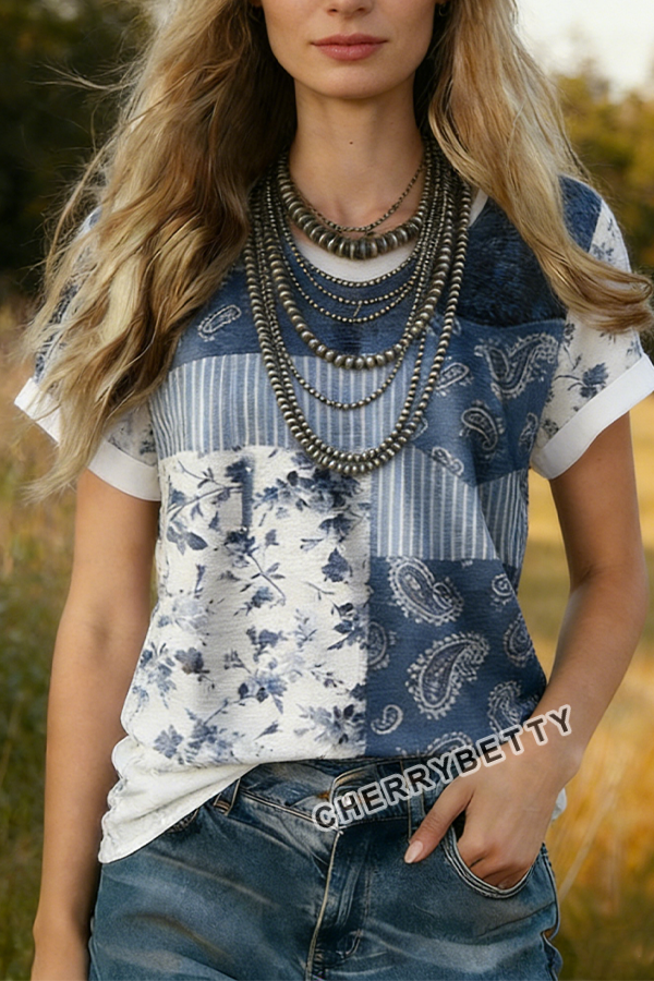 Retro Mixed Floral Patch Round Neck T-Shirt