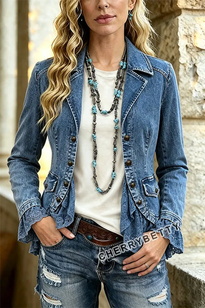 Solid Collar Long Sleeve Lace Ruffle Hem Jacket