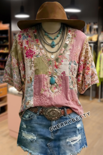 Retro Floral Embroidered V-Neck Short Sleeve Cotton Top