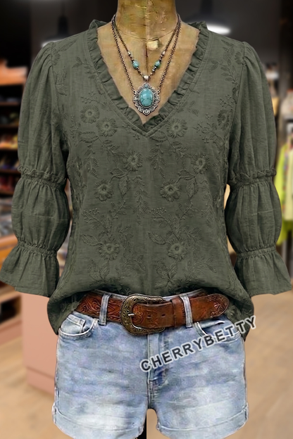 Elegant Flower Embroidered Ruffle V-Neck Puff Sleeve Top