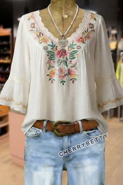 Boho Flower Embroidered Lace V-Neck Top