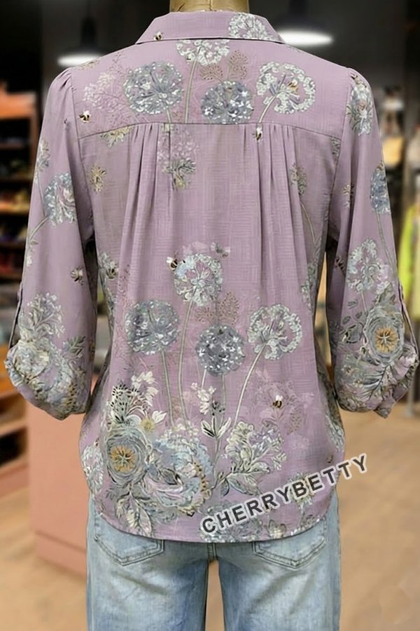Vintage Floral Print Split Neck Three Quater Dolman Sleeves Blouse