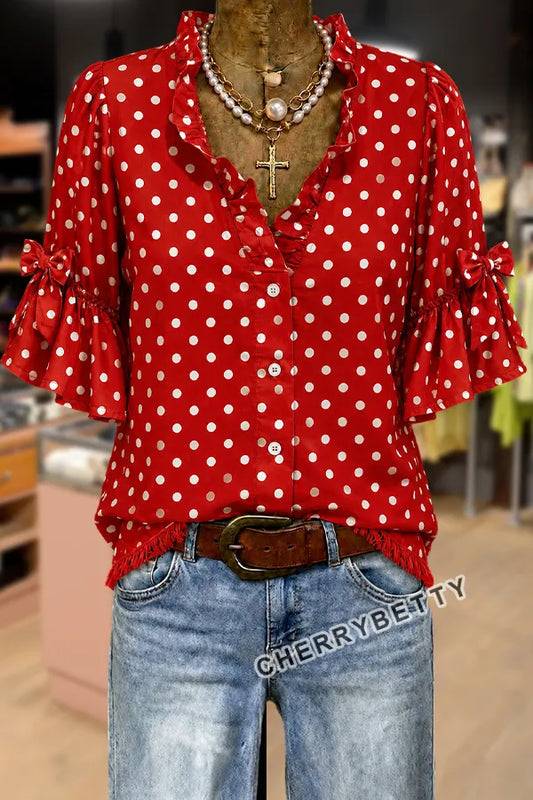 Chic Polka Dot Print Ruffle Neck Bow Decor Half Sleeve Blouse
