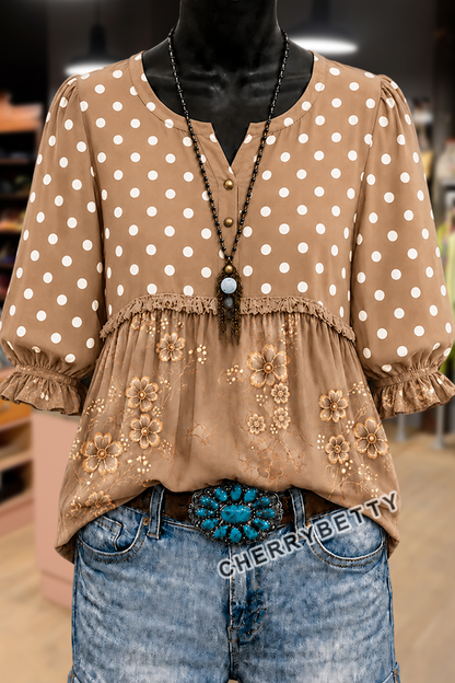 Retro Polka Dot Floral Print Puff Sleeve Frayed Trim Top