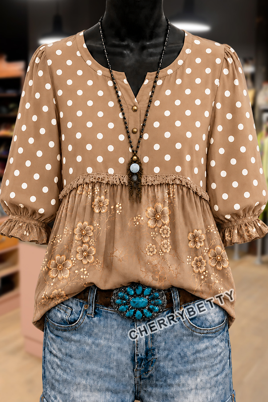 Retro Polka Dot Floral Print Puff Sleeve Frayed Trim Top