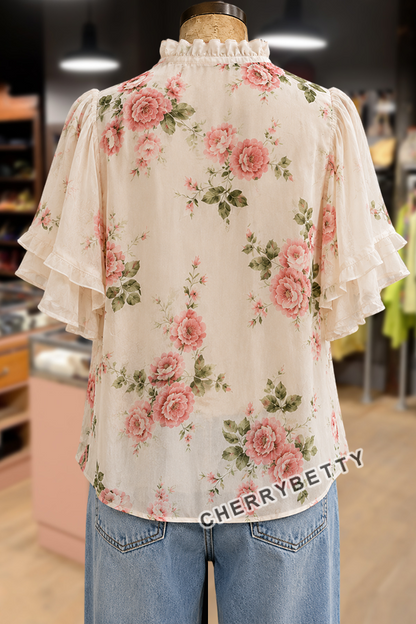 Feminine Floral Print Ruffle Trim Chiffon Blouse