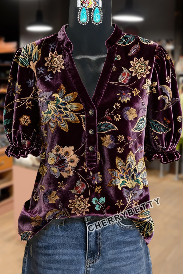 Vintage Floral Print V-Neck Puff Sleeve Velvet Top