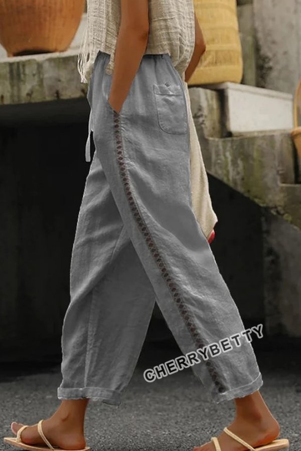 Casual Hollow Out Lace Patch Linen Pants