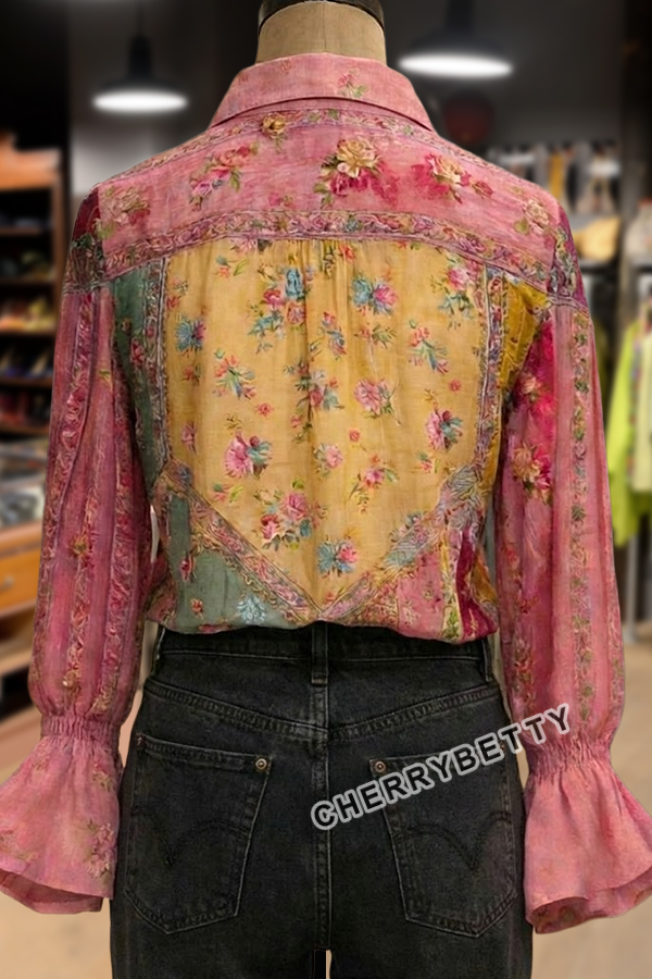 Multi Floral Print Collared Flared Cuffs Blouse
