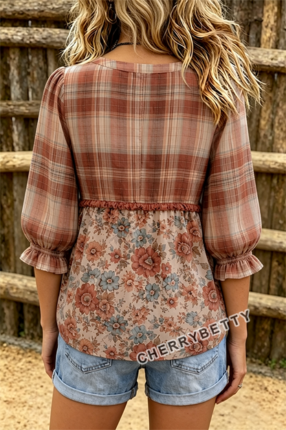 Mixed Plaid Floral Print Notch Neck Puff Sleeve Top