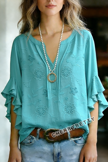 Solid Flower Embroidered V-Neck Ruffle Sleeve Cotton Blouse