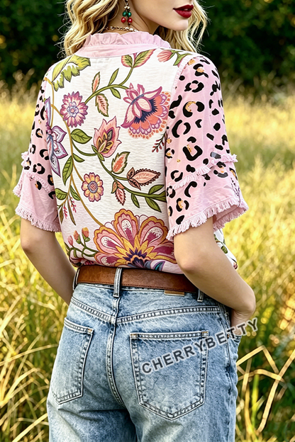 Mixed Leopard Floral Print Ruffle Neck Frayed Hem Top