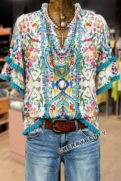 Colorful Floral Print V-Neck Frayed Hem Cotton Top