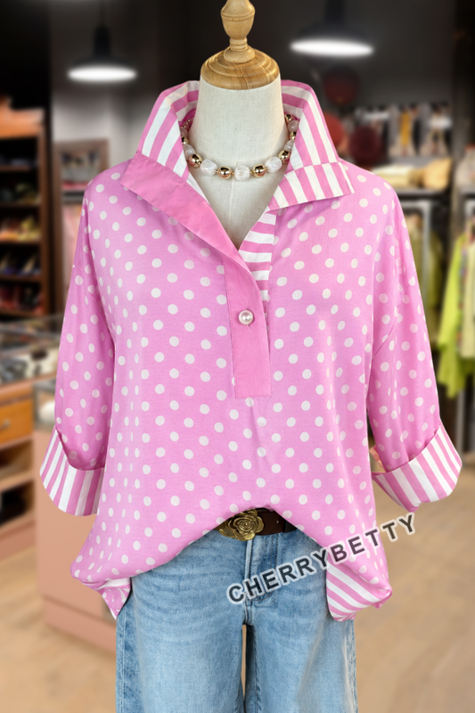 Mixed Polka Dot Print Striped Collar Three Quater Sleeve Blouse