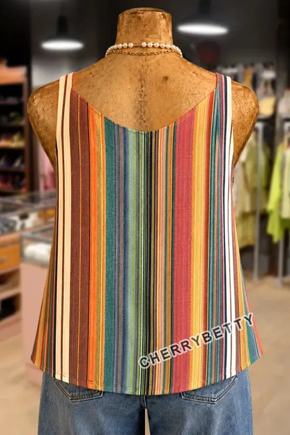 Colorful Striped Button Detailed Sleeveless Tank Top
