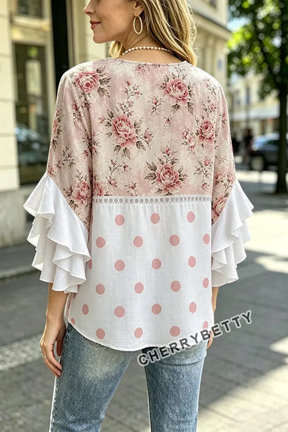 Contrast Floral Polka Dot Print Ruffle Sleeve Top