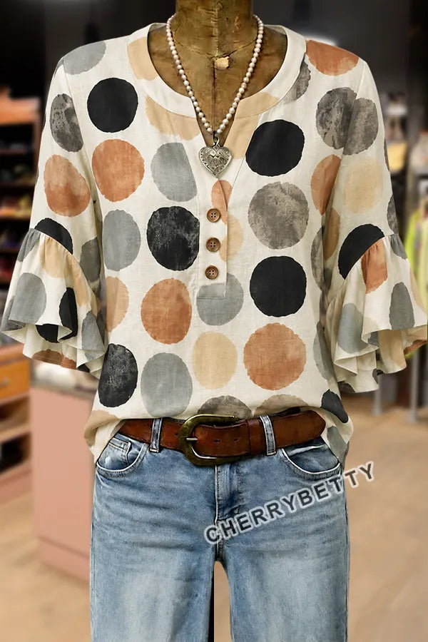 Colorful Polka Dot Print Notch Neck Ruffle Sleeve Top