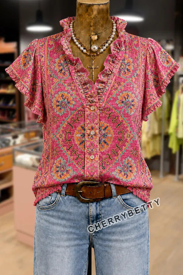 Bohemian Floral Print Ruffle Neck Fringe Hem Top
