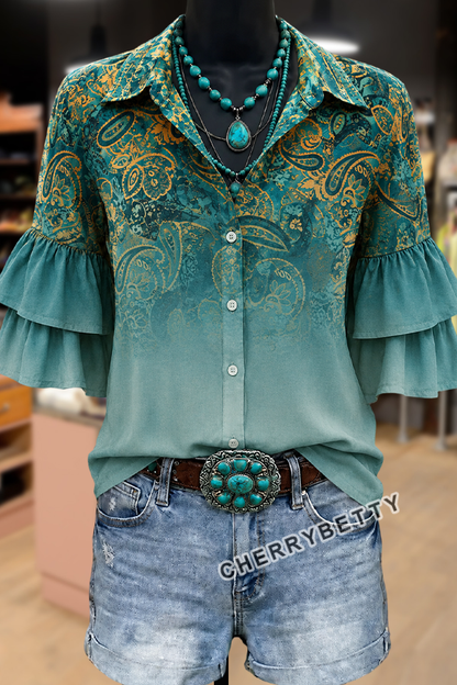 Gradient Paisley Print Layered Ruffle Sleeve Blouse