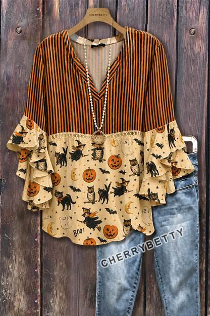 Funny Striped Halloween Print Ruffle Sleeve Hollow Out Top