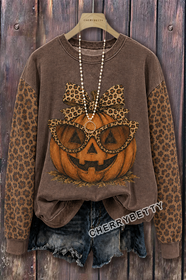 Vintage Halloween Leopard Pumpkin Print Sweatshirt