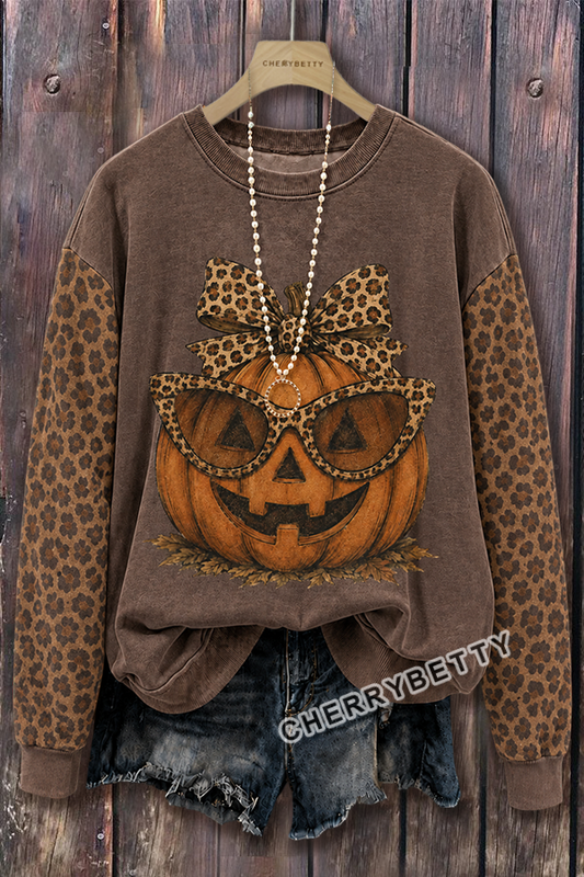Vintage Halloween Leopard Pumpkin Print Sweatshirt