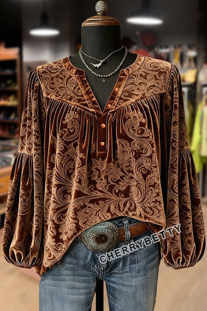 Retro Paisley Print Split Neck Velvet Top