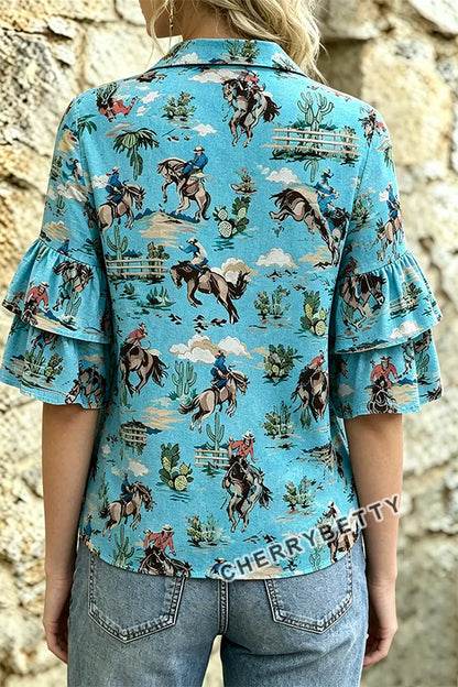 Western Cowboy Print Layered Ruffle Sleeve Blouse