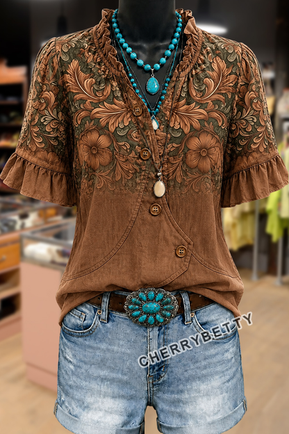Vintage Floral Print V-Neck Ruffle Sleeve Blouse