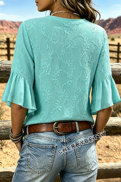Vintage Flower Embroidered Notch Neck Ruffle Sleeve Blouse