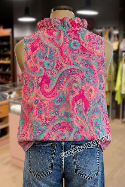 Vintage Paisley Print Ruffle Neck Sleeveless Tank Top