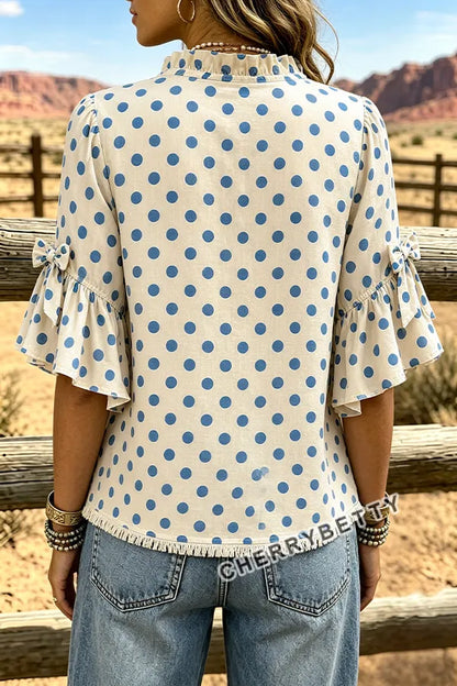 Casual Polka Dot Print Ruffle Neck Bow Decor Half Sleeve Blouse