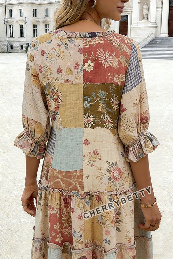 Vintage Mixed Floral Patch Print  Half Sleeve Midi Dress