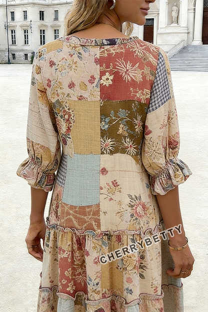 Vintage Mixed Floral Patch Print  Half Sleeve Midi Dress