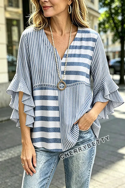 Mixed Striped Pattern Hollow Out Ruffle Sleeve Top