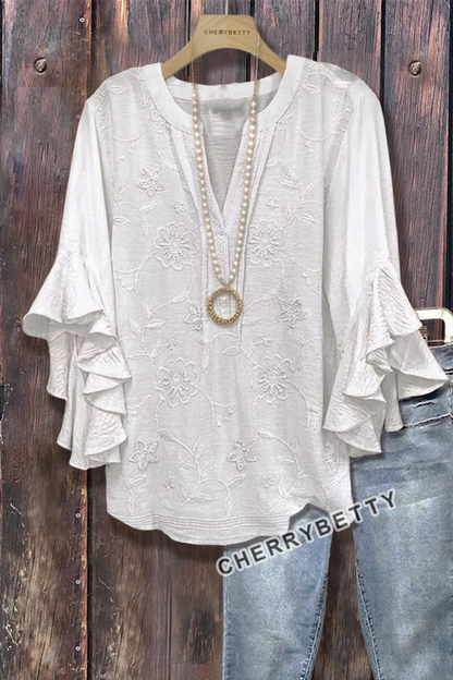 Solid Flower Embroidered V-Neck Ruffle Sleeve Cotton Blouse