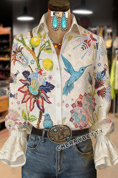 Vintage Floral Print Flared Cuffs Blouse