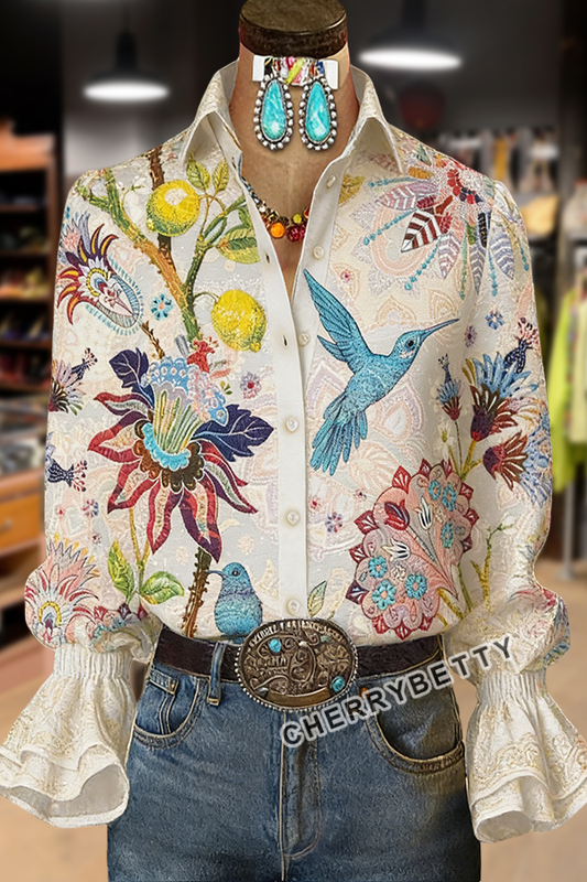 Vintage Floral Print Flared Cuffs Blouse