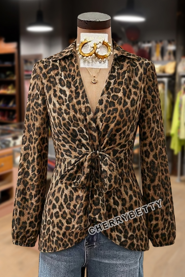 Leopard Print V-Neck Bow Tie Blouse