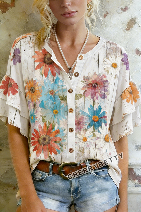 Vintage Distressed Flower Print Ruffle Sleeve Top