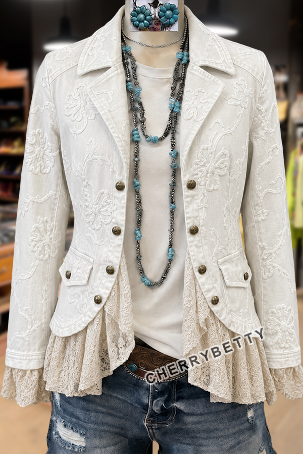 Elegant Flower Embroidered Lace Patch Cotton Jacket