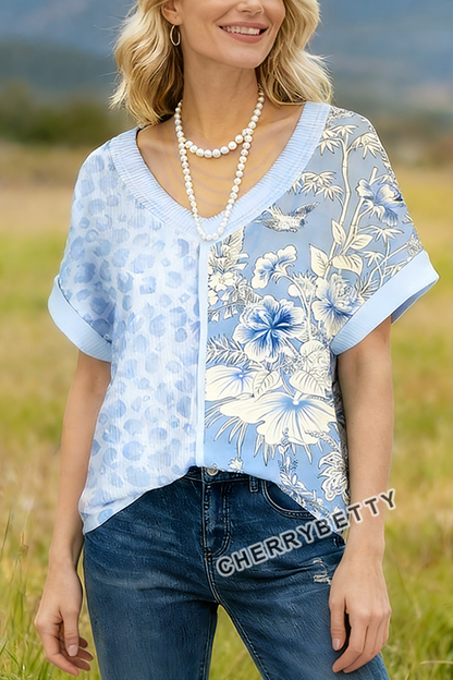 Vintage Leopard Floral Print V-Neck Ribbed T-Shirt