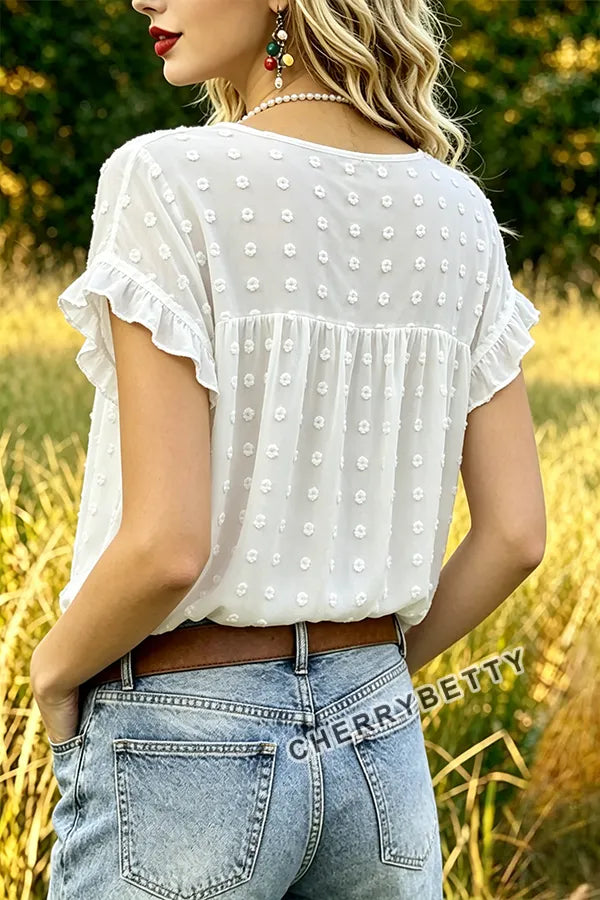 Casual Dot Jacquard V-Neck Ruffle Sleeve Top