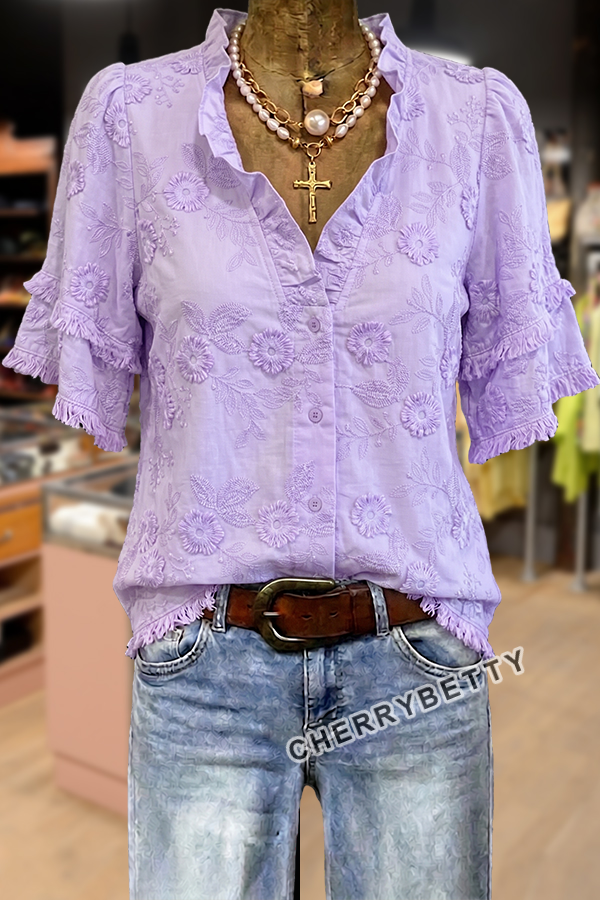 Feminine Flower Jacquard Ruffle Neck Frayed Hem Cotton Top