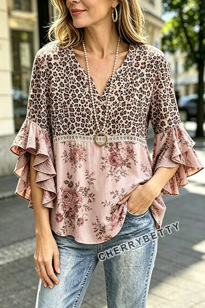 Vintage Leopard Floral Print  Ruffel Sleeve Top
