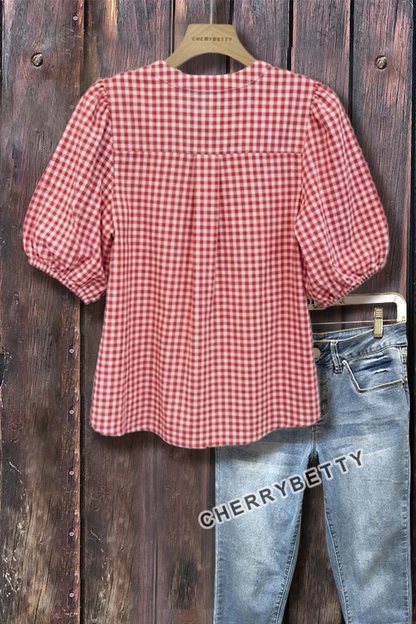 Classic Gingham V-Neck Bubble Sleeve Cotton Top