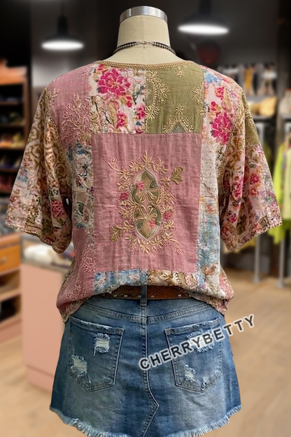 Retro Floral Embroidered V-Neck Short Sleeve Cotton Top