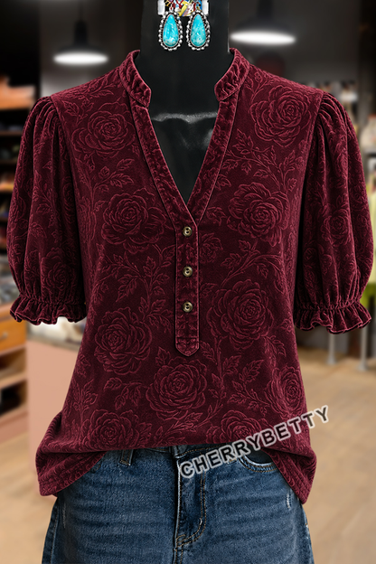 Vintage Rose Jacquard V-Neck Puff Sleeve Velvet Blouse
