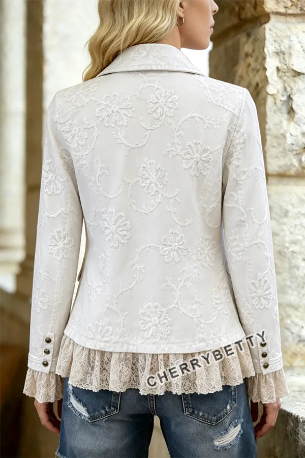 Elegant Flower Embroidered Lace Patch Cotton Jacket