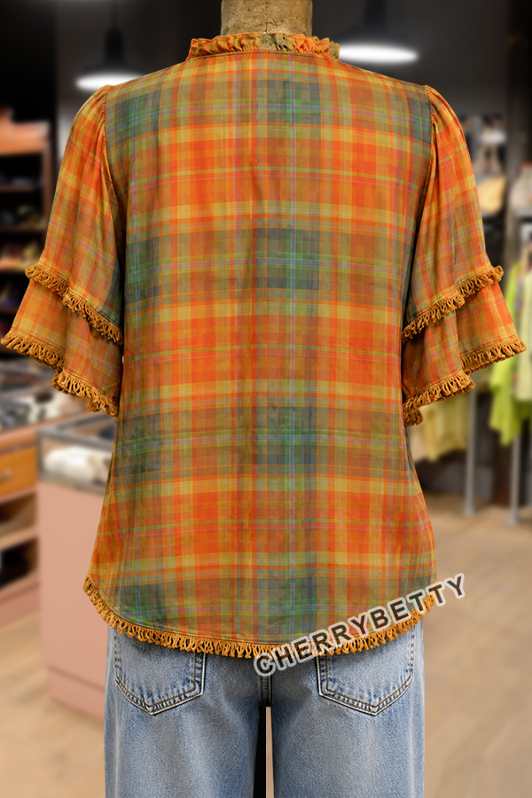 Vintage Plaid Ruffle Neck Frayed Hem Top